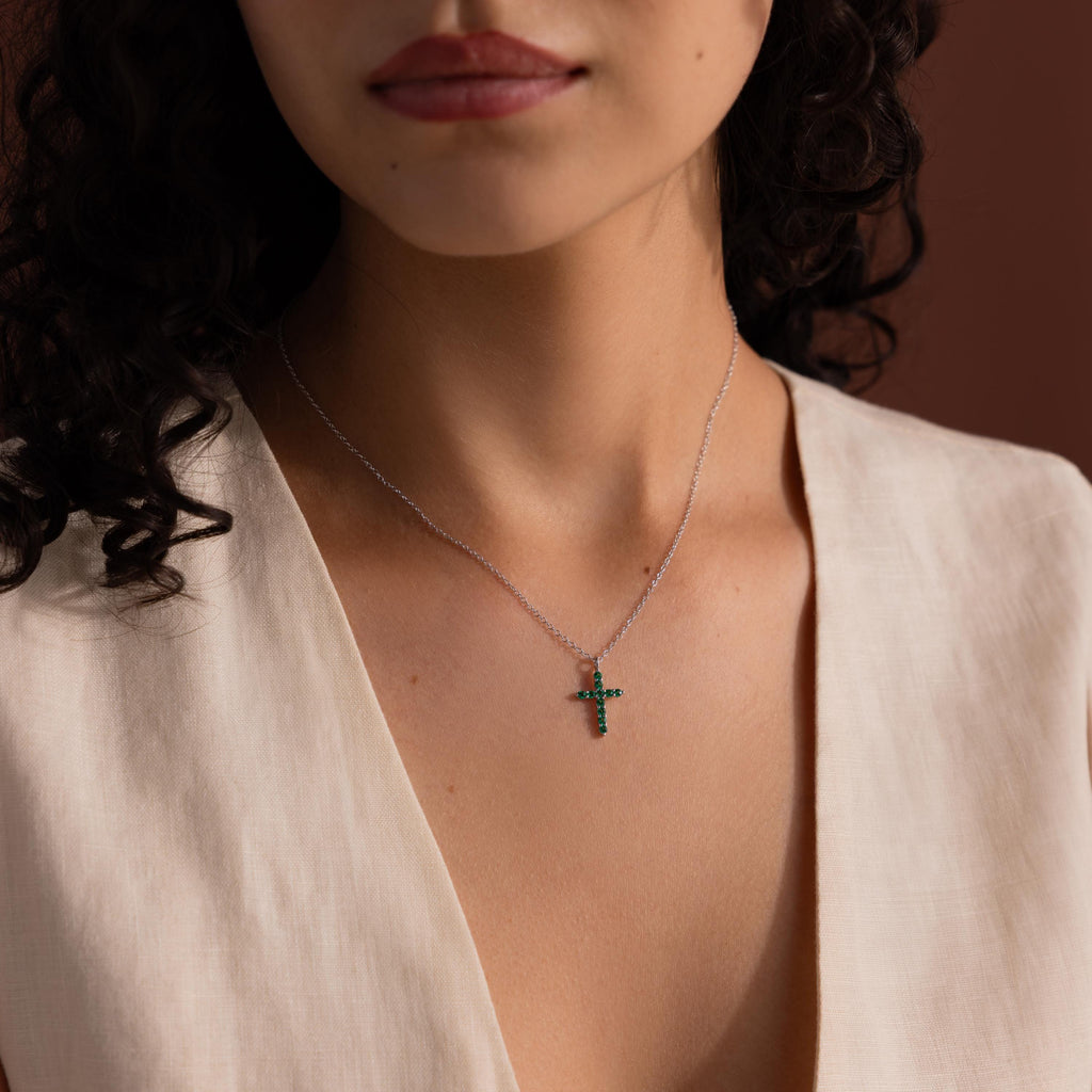 Pave Emerald Cross Necklace