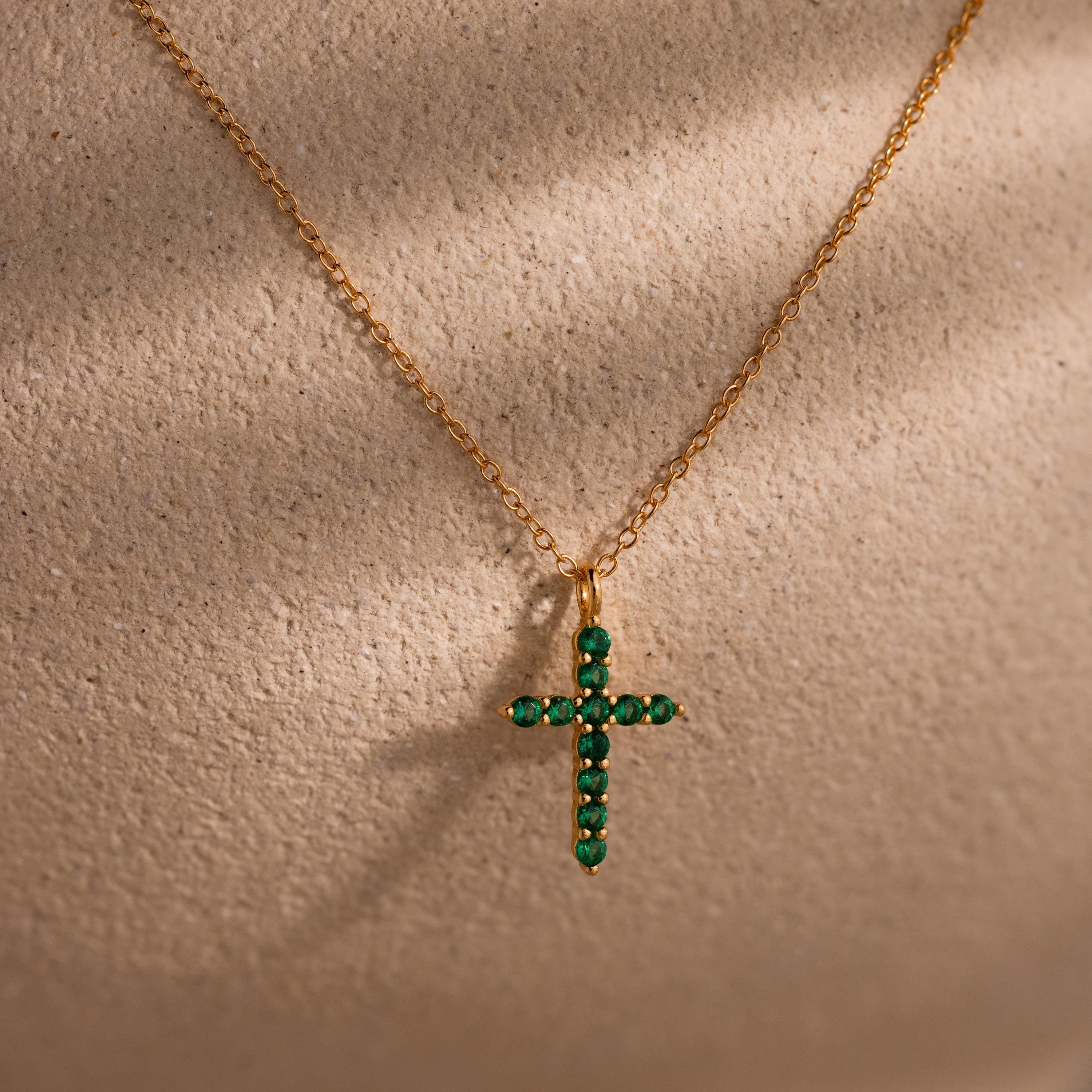 Pave Emerald Cross Necklace