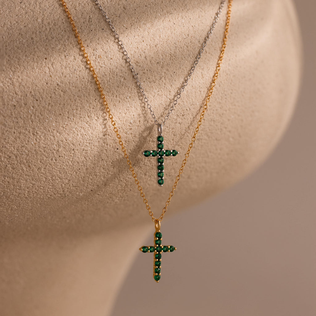 Pave Emerald Cross Necklace