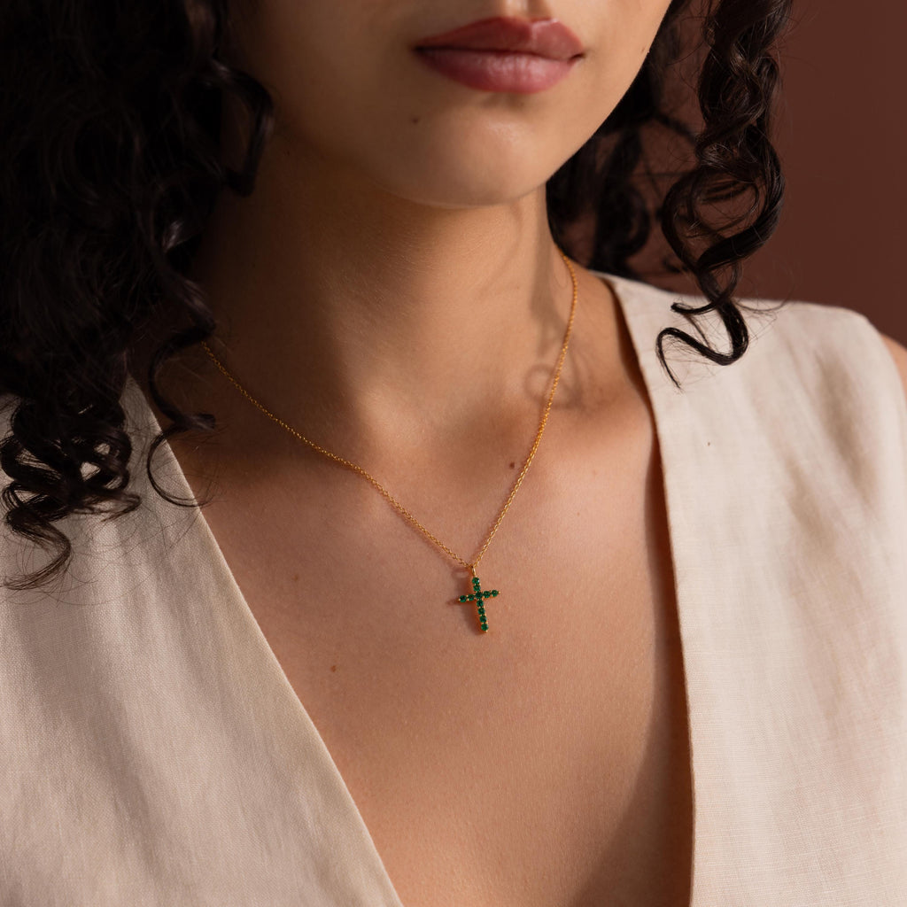 Pave Emerald Cross Necklace