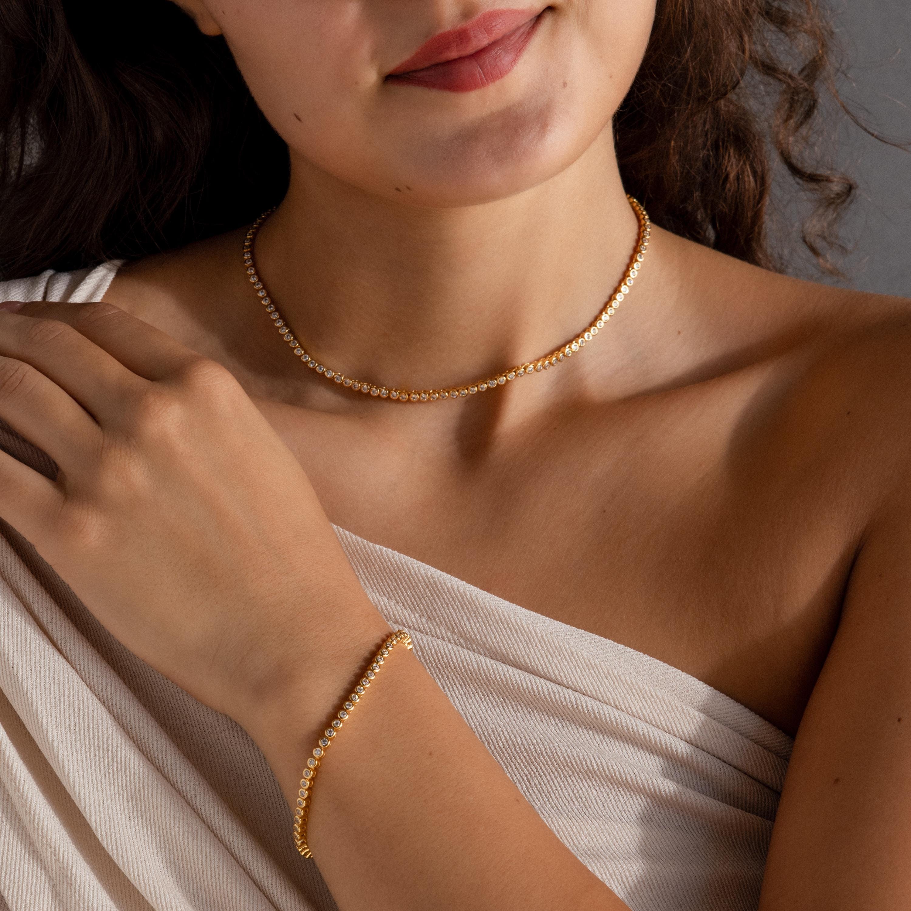 Diamond Bezel Tennis Necklace & Bracelet Set