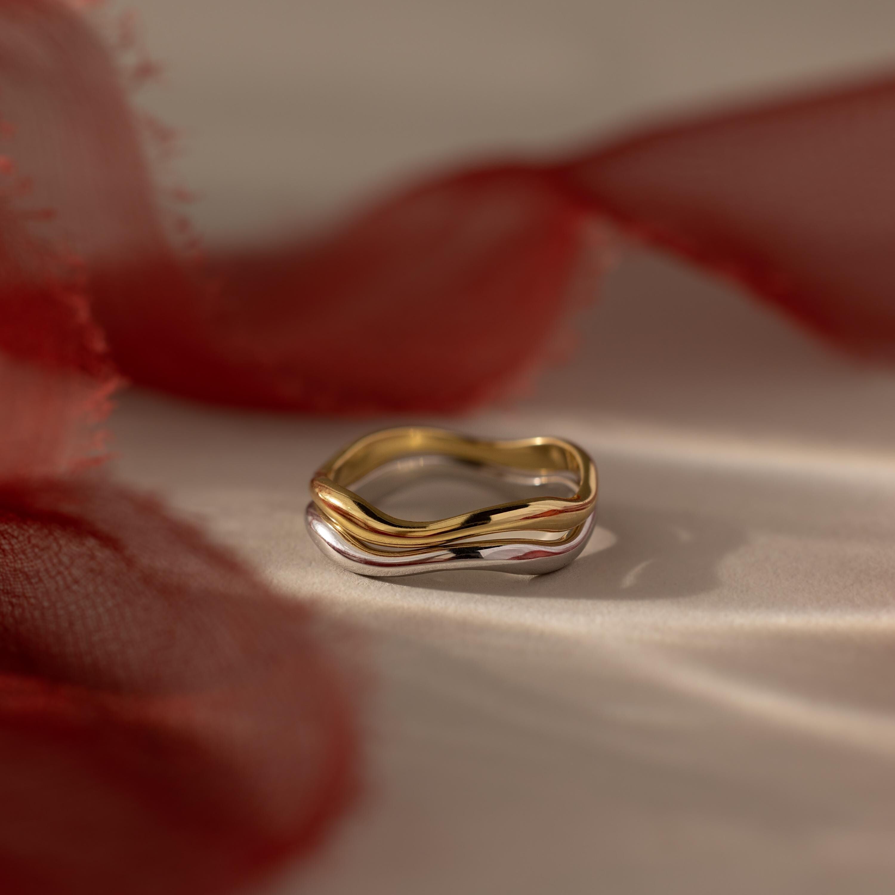 Mixed Metal Wave Ring Set