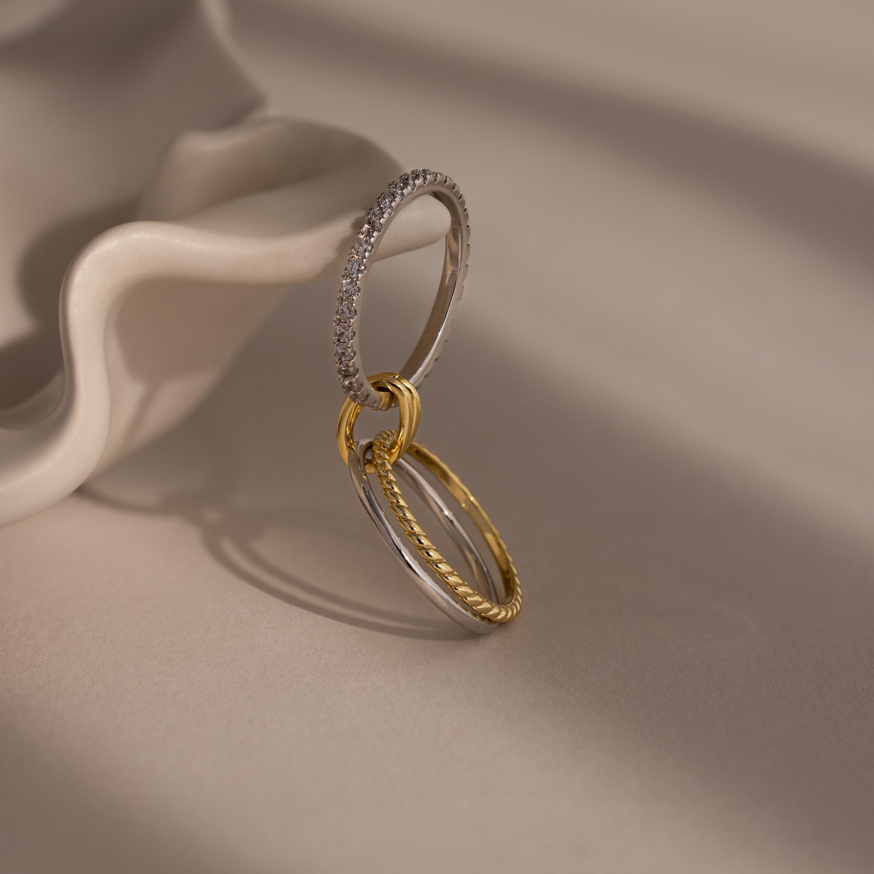 Pave Mixed Metal Linked Ring Set