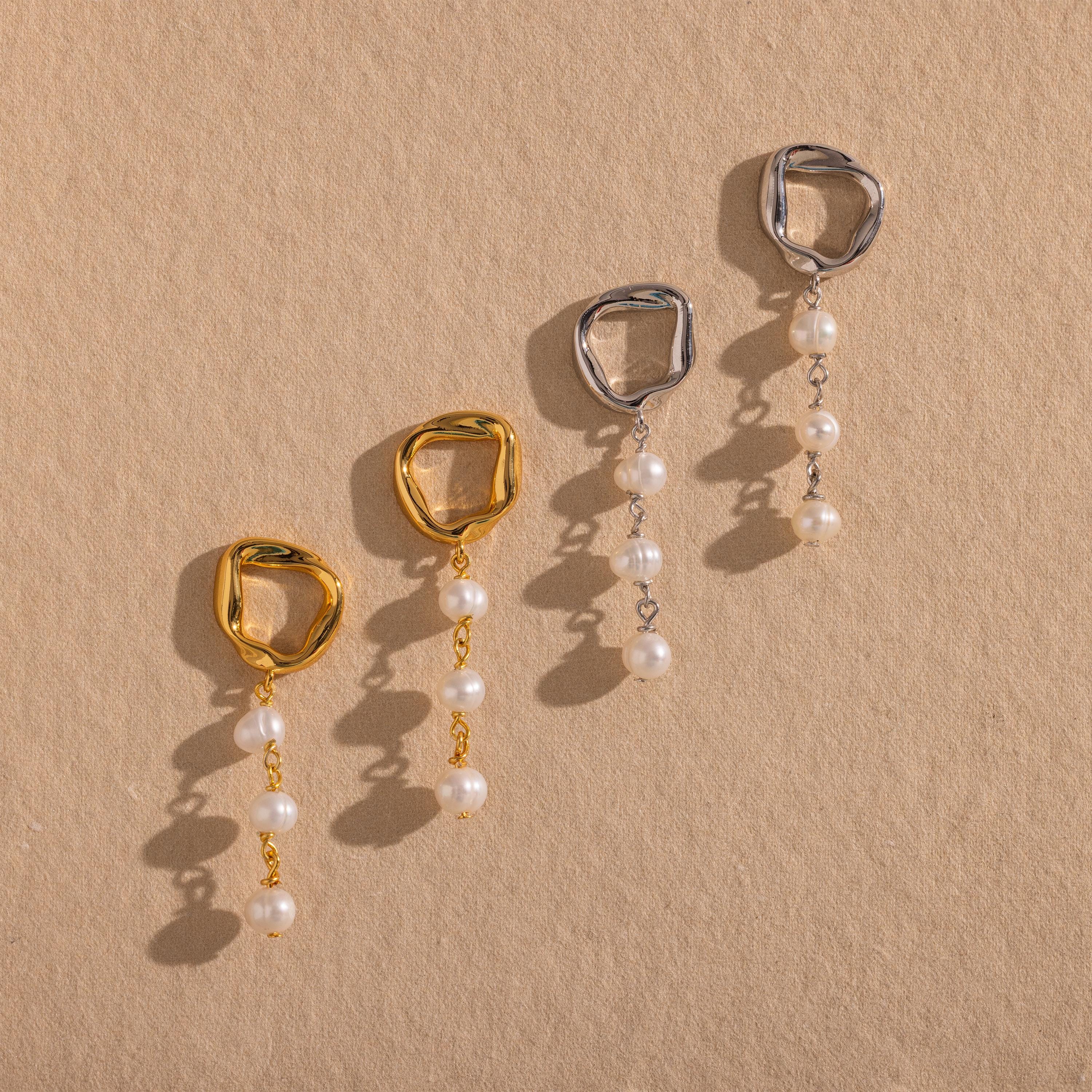 Abstract Pearl Trio Drop Earrings
