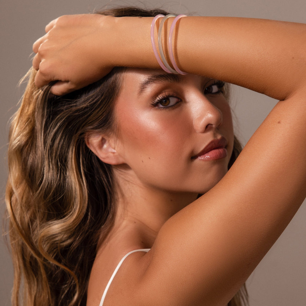 Thin Pink Jade Bangle Set