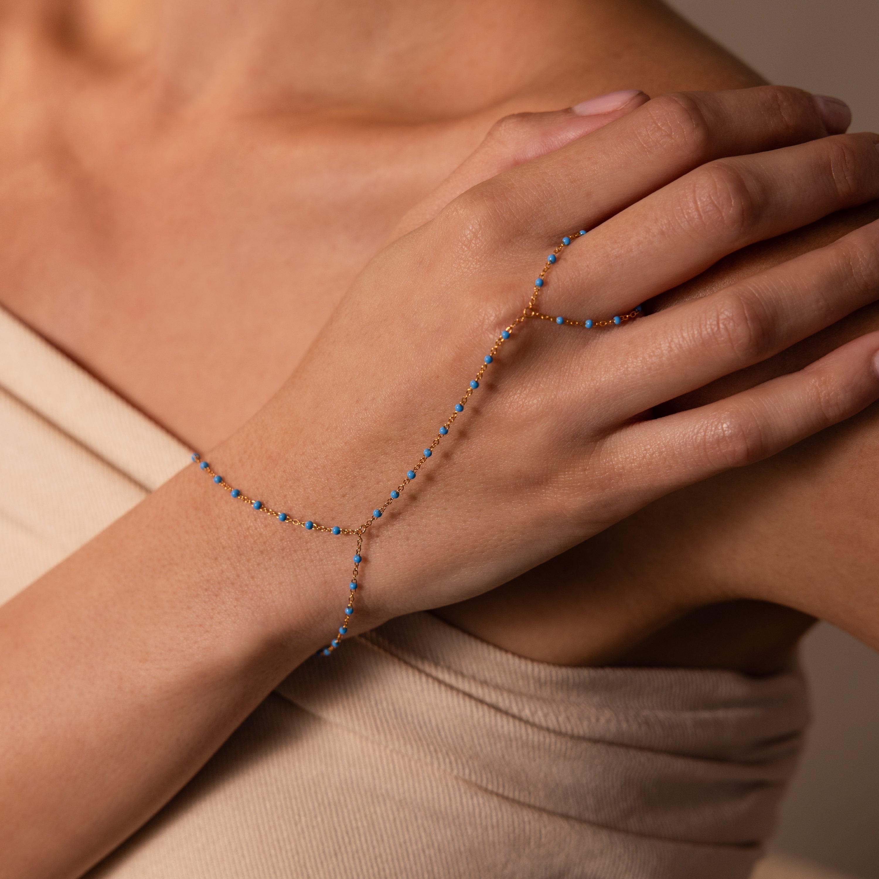 Ocean Beaded Hand Chain Bracelet